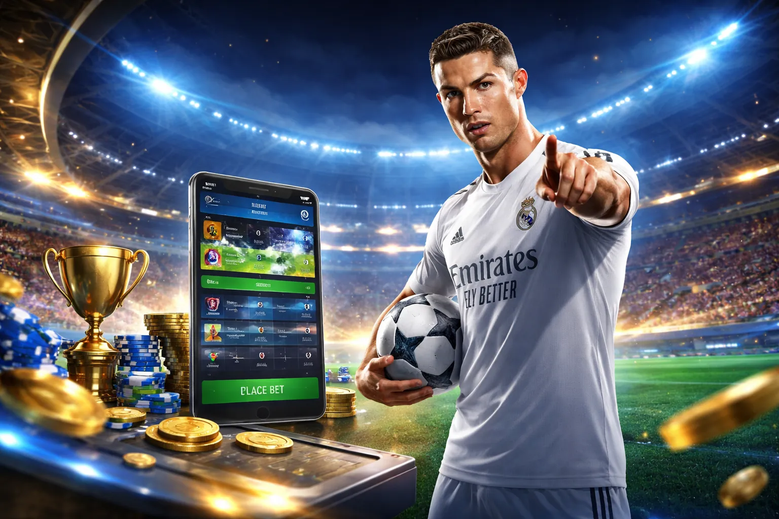 Sân vận động với ánh đèn rực rỡ và logo 555win ap